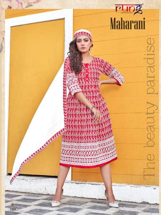 Rung Maharani Regular Wear Printed Rayon Designer Kurti With Dupatta Collection